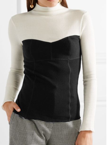 And lastly, an intarsia knit bustier: Theory Two-Toned Ribbed Turtleneck